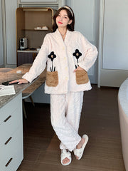 Casual Coral Fleece Jacquard Long Sleeve Cardigan Top & Pants Pajamas Set