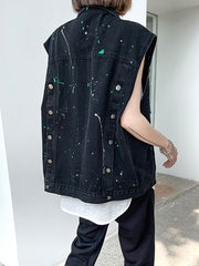 Denim Paint Dot Print Sleeveless Waistcoat