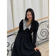 Retro Splicing Lace Solid Color Midi Dress