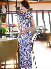 Blue and White Pattern Split-side Long Cheongsam