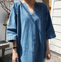 Three-Quarter Sleeves V-Neck Denim Midi Dress