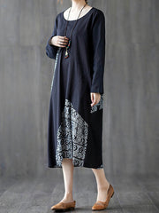 Retro Round Neck Print Midi Dress