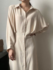 Long Sleeves Solid Color Lapel Puff Sleeve Shirt Dress