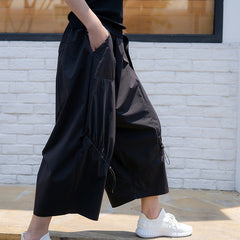 Women Solid Color Ruffled Elastic Waist Wide Leg Casual Pants