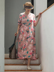 Literary Printed Ramie Cotton Long Dress