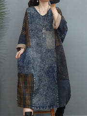 Cowboy Patchwork Plaid Loose Midi Dress