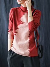 Women High Collar Retro Color Matching Pullover Sweater