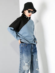 Women Contrasting Color Hedging Irregular Sweatshirt