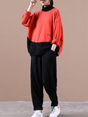 Women Loose High Neck Stitching Embroidery Sweatshirt