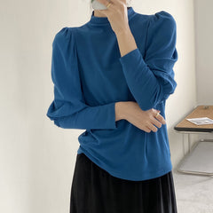 Half High Collar Solid Color Lantern Sleeve T-Shirt