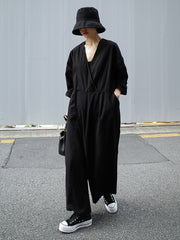 Casual Loose V-neck Wide-leg Solid Jumpsuit