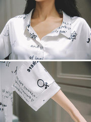Cropped Lettered Print Loose V-Neck Shirt Pajamas