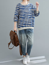 Women Striped Casual Loose Round Neck Contrast Color Pullover Sweatshirt