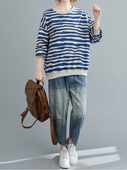 Women Striped Casual Loose Round Neck Contrast Color Pullover Sweatshirt