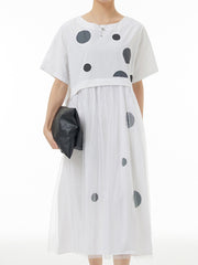 Roomy Short Sleeves Gauze Pleated Polka-Dot Stamped Split-Joint Round-Neck Midi Dresses