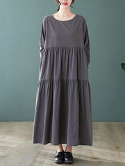 Retro Solid Color Loose Midi Dress