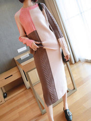 Casual Contrast Color Knitting Sweater&Skirt Suits