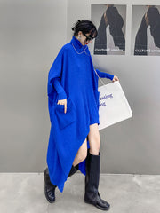 Loose Solid Color High-Neck Bat Sleeve Irregular Midi Dress
