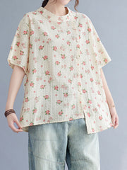 Floral Print Stand Collar Casual T-Shirt