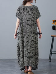 Retro Ethnic Round Neck Short Sleeve Maxi Dress