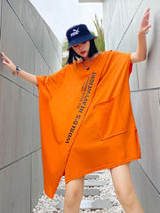 Cropped Letter Print Split-Front Round-Neck T-Shirt