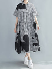 Women Lapel Stitching Plaid Loose Casual Dress