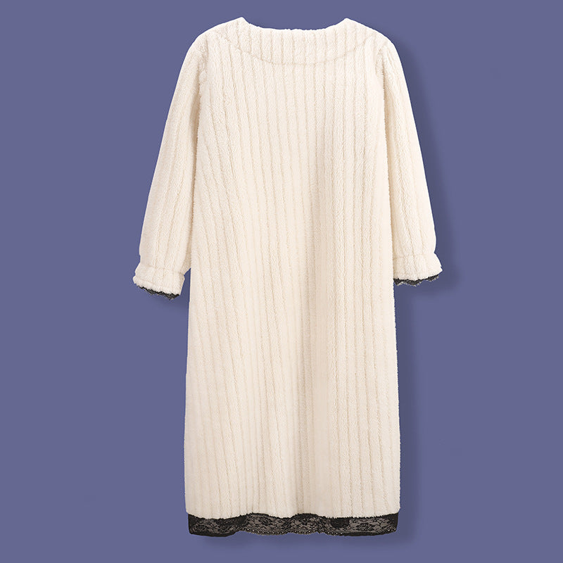 Casual Loose Solid Color V-Neck Coral Fleece Midi Pajamas Dress