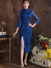 Royal-blue Whorl Cheongsam Midi Dress