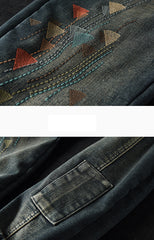 Casual Elastic Waist Embroidered Denim Pants