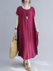 Women Round Neck Solid Color Loose Casual Dress