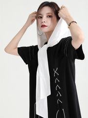 Retro Lace-Up Navy Collar Short Sleeve Midi Dress