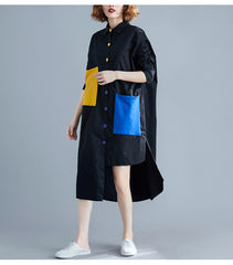 Irregular Contrast Color Shirt With Large Pockets