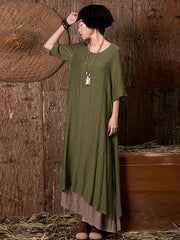 Ramie Cotton Double-deck 3/4 Sleeves Maxi Dress