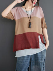 Loose False-Two Light Knitting Striped T-Shirts