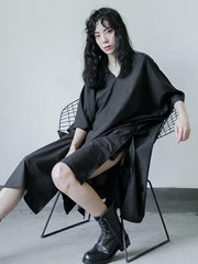 Simple Black Lace-up Batwing Sleeves Dress