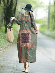 Retro Round Neck Plaid Print Midi Dress