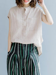 Casual Solid Ramie Cotton High-low Pocket Shirt