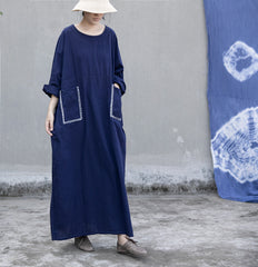 Women Round Neck Pocket Loose Long Sleeve Dress