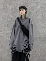 Women Solid Color Ripped Casual Blouse