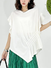 Irregular Clipping Roomy Pleated Pure Color Split-Joint Round-Neck T-Shirts