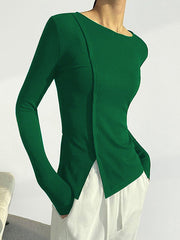 Skinny Solid Color Split-Joint Split-Side Round-Neck T-Shirts