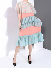 Loose Contrast Color Falbala Round Neck Dress