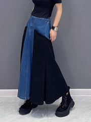 Buttoned Contrast Color Split-Joint A-Line Roomy Denim Skirts Bottoms