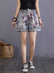 Vintage Loose Printed Elastic Waist Jeans Shorts