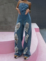 Stylish High-waisted Straight Wide Leg Jeans Jumpsuit