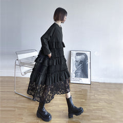 Lace Loose Long Sleeve Cake Midi Dress