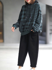 Women Retro Casual Loose Plaid Hooded Sweatshirt