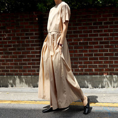 Women Solid Color Round Neck Short-Sleeved Loose Casual Jumpsuit