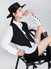 Women Contrasting Color Shirt Vest Two-Piece Set