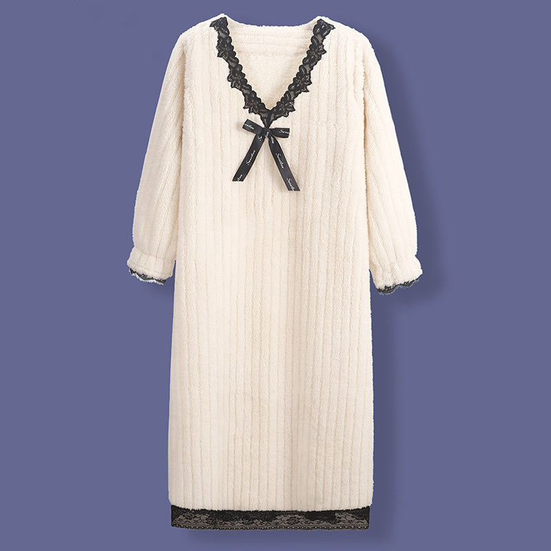 Casual Loose Solid Color V-Neck Coral Fleece Midi Pajamas Dress